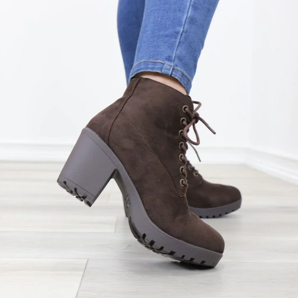 Brown Faux Suede Lace-Up Lug Chunky Block High Heel Ankle Boots - Picture 6 of 12